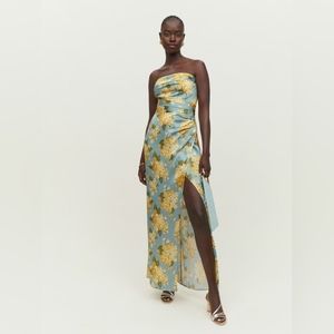 Reformation Barrow silk dress strapless slit maxi floral blue dress in Carmela